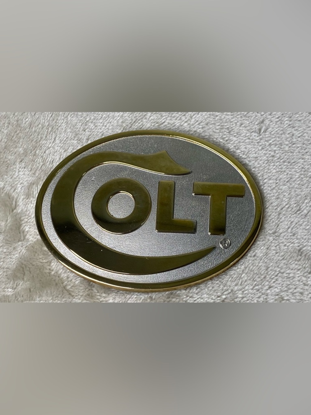 Vintage Colt Firearms Sam Colt Brass Belt Buckle Silver & Gold Tone Oval READ